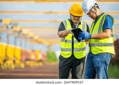 Construction site supervisor reviewing plans with team
