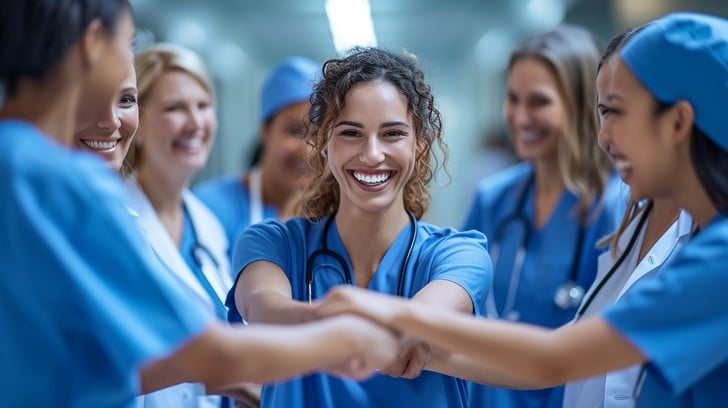 Group of healthcare professionals in matching scrubs