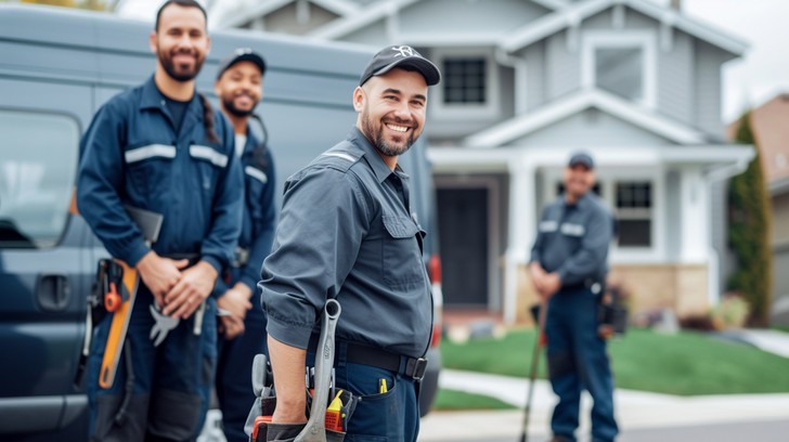 Team of service workers in matching uniforms