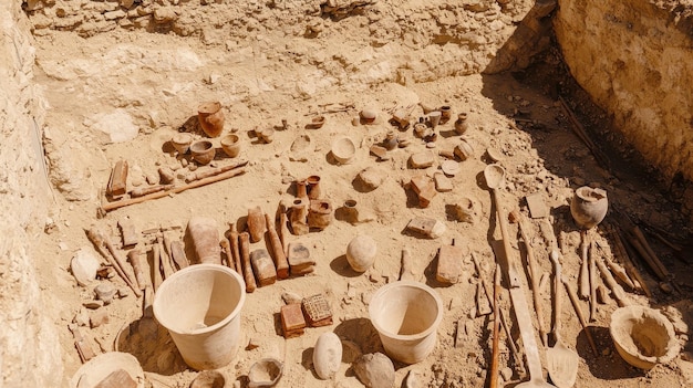 Archaeological dig site showing artifacts