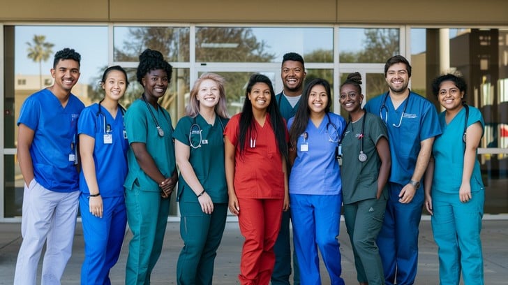 Healthcare team in different colored scrubs