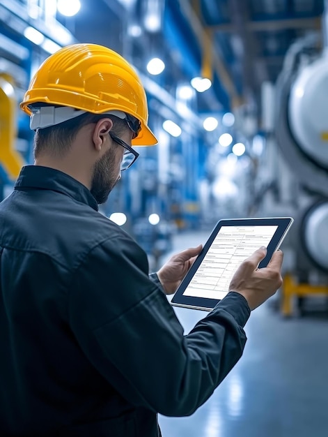 Industrial workers reviewing safety checklist