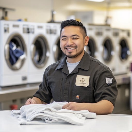 Service worker neatly folding uniform shirt