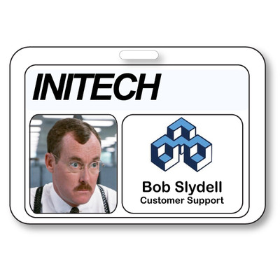 Service worker with clear name badge and company logo