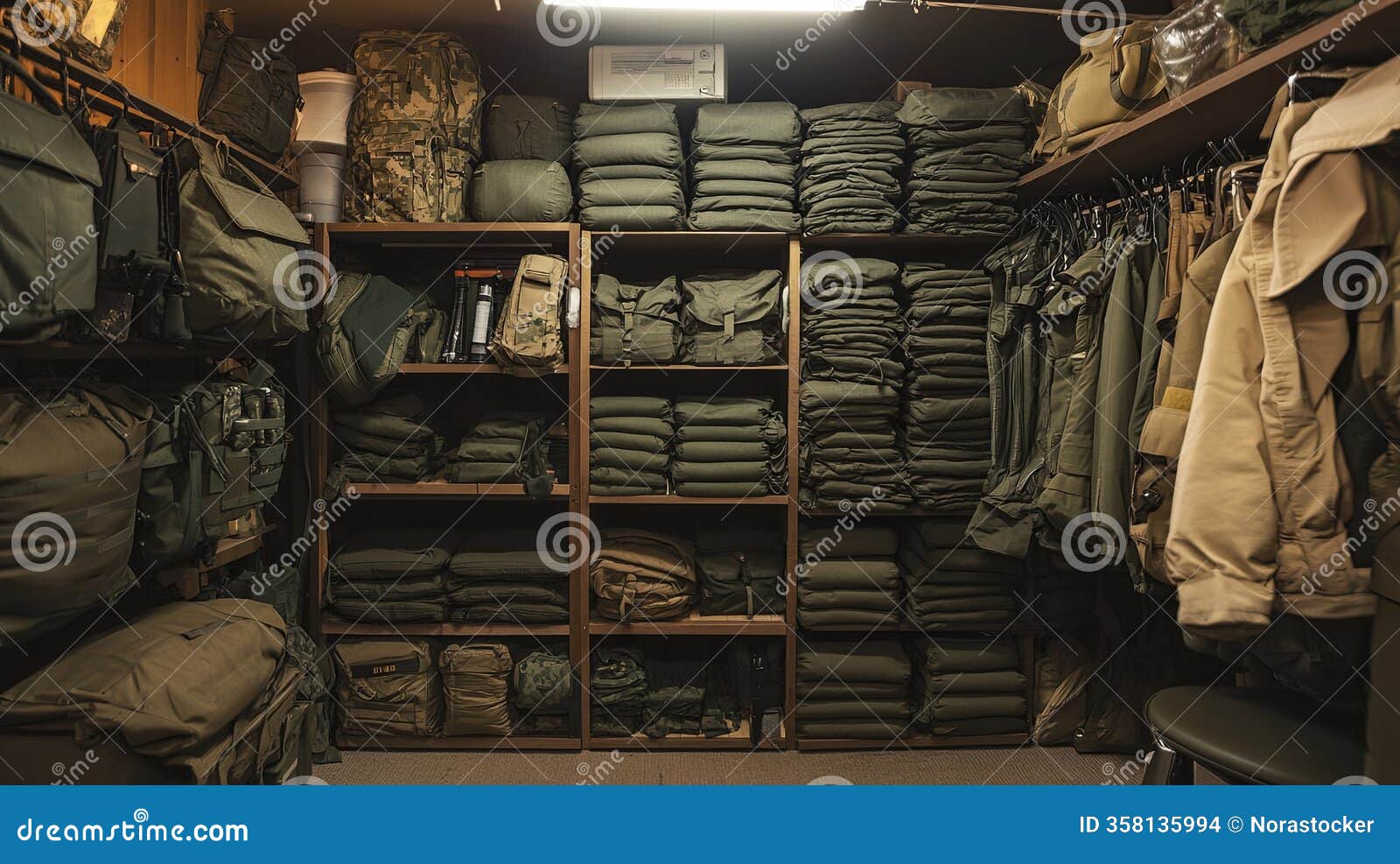 Stack of new uniforms in a supply room