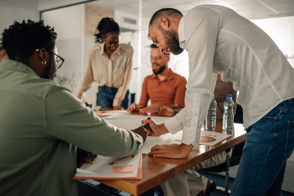 Team members collaborating in an office