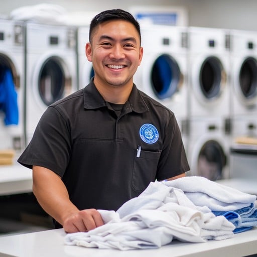 Uniforms stacked in a laundry facility