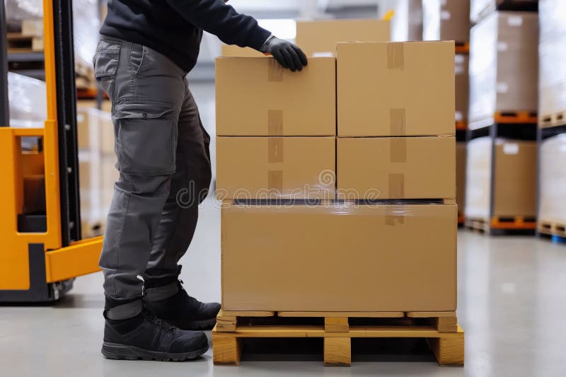 Warehouse worker handling uniform boxes