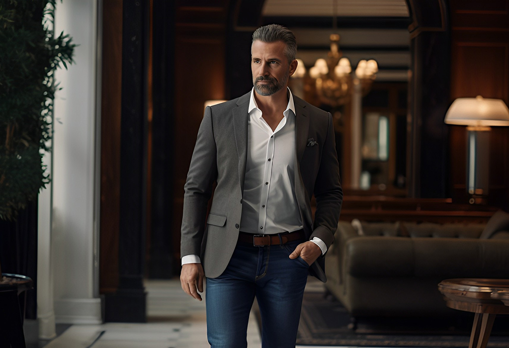 Person combining a work jacket with casual pants