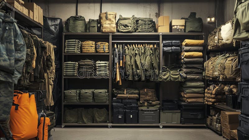 Uniforms stacked in a supply room